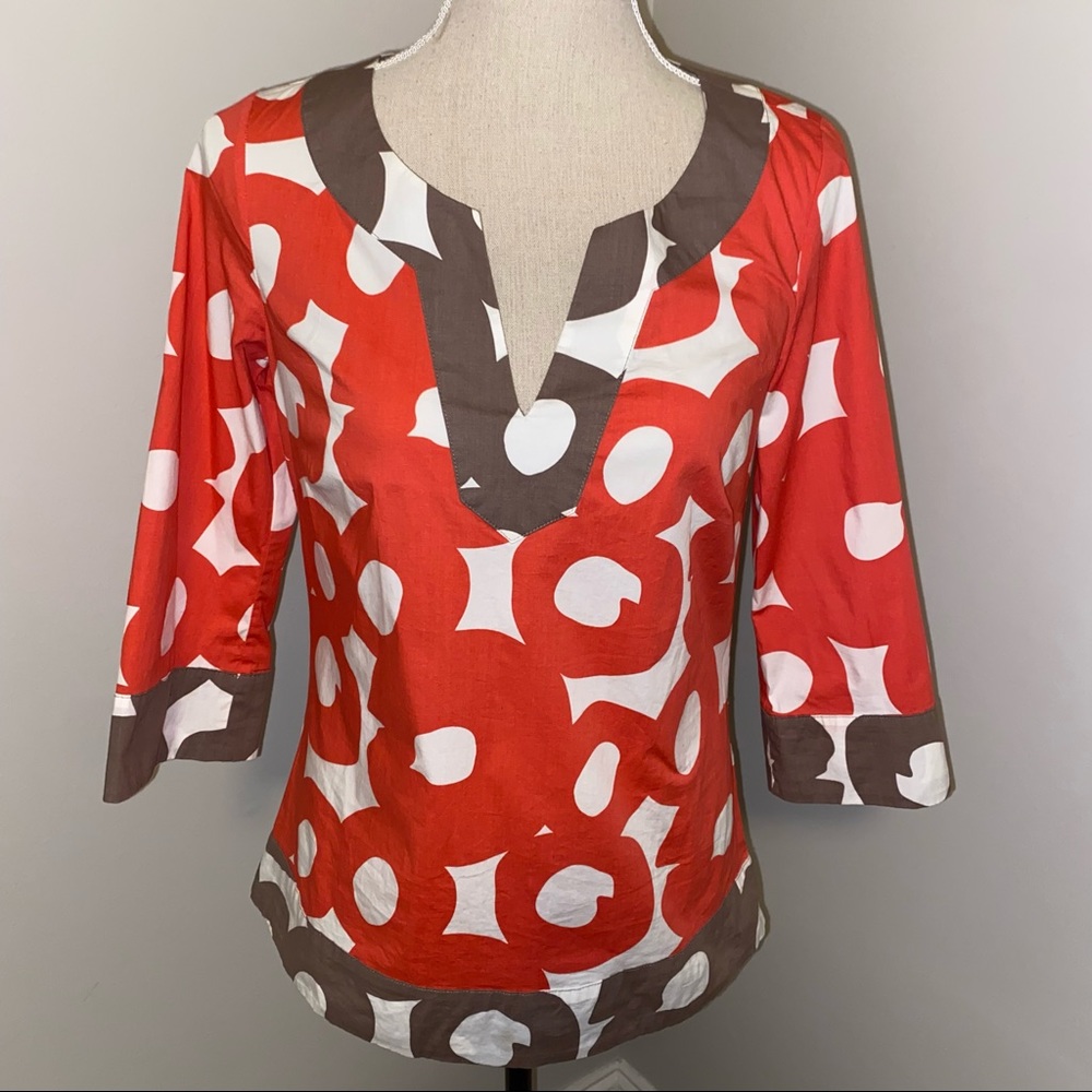 Boden coral & taupe geometric tunic top split neck  3/4 sleeve size 8
